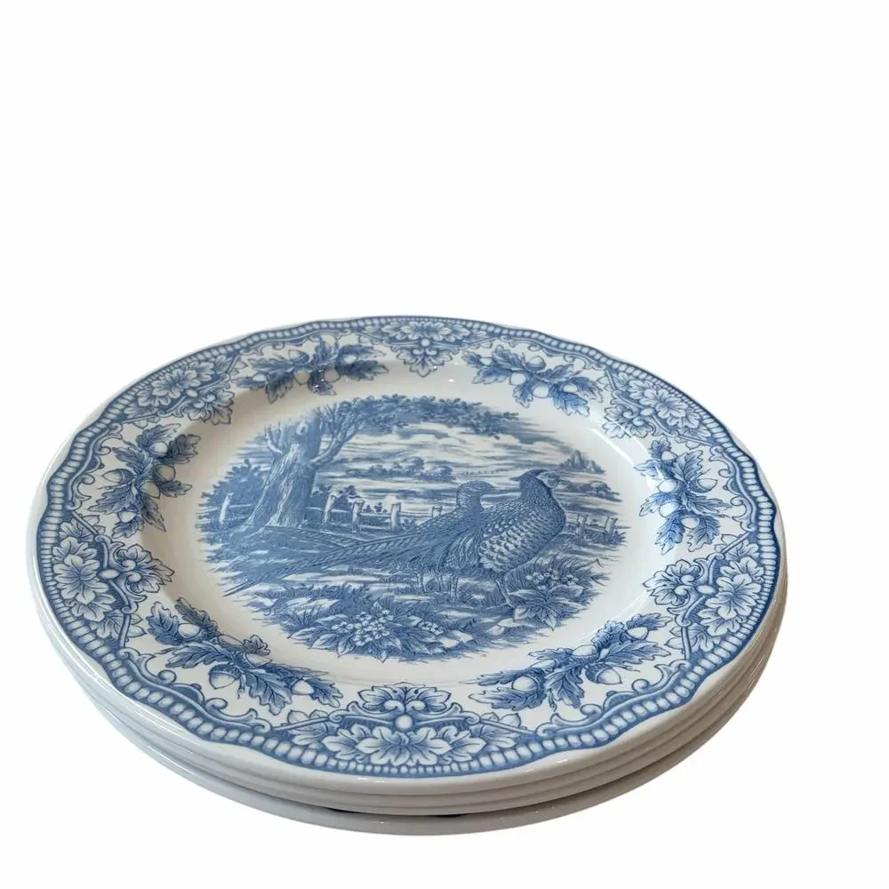 Royal Stafford Thanksgiving Pheasant Dinner Plates 11in Set of 4 Blue NEW